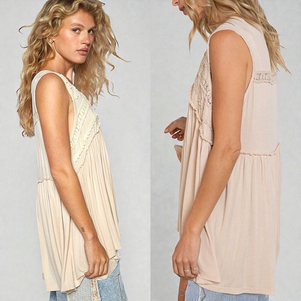 POL Tank Beige Lace Trim Boho Babydoll Sleeveless Top Ruffle Raw Edge Detail NEW - Picture 5 of 13